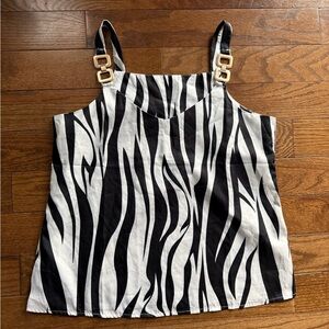 Zebra Print Sleeveless Tank Top with Gold Buckle Straps